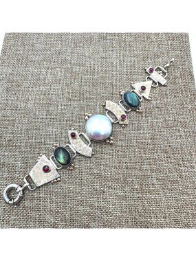 Rare Tricia Young 14K Gold Sterling Silver Pearl Garnet Bracelet